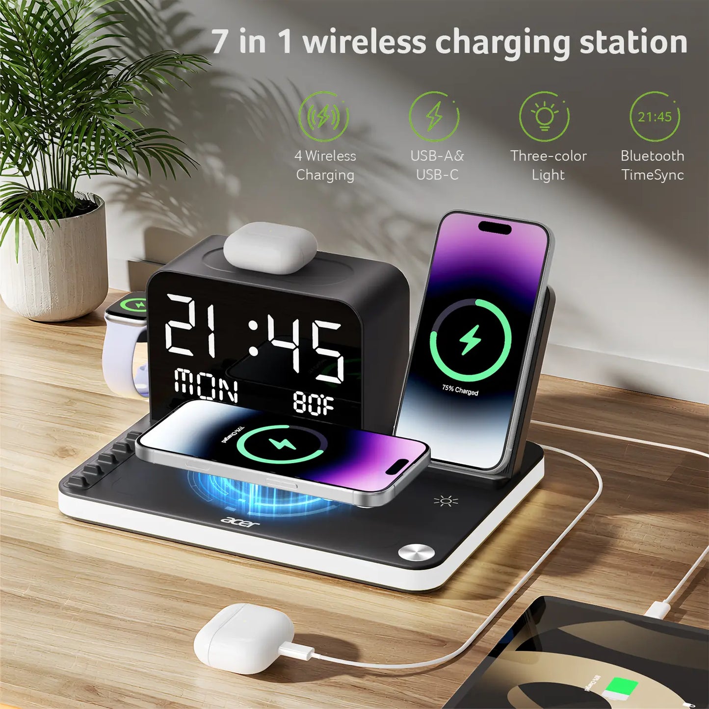 7-in-1 Wireless Charging Station, Dual Phone Fast Charger with MagSafe